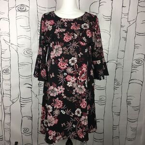 NEW Pretty Black Pink Floral Midi Shift Dress womens 6 Small Ruffle ¾ Sleeve